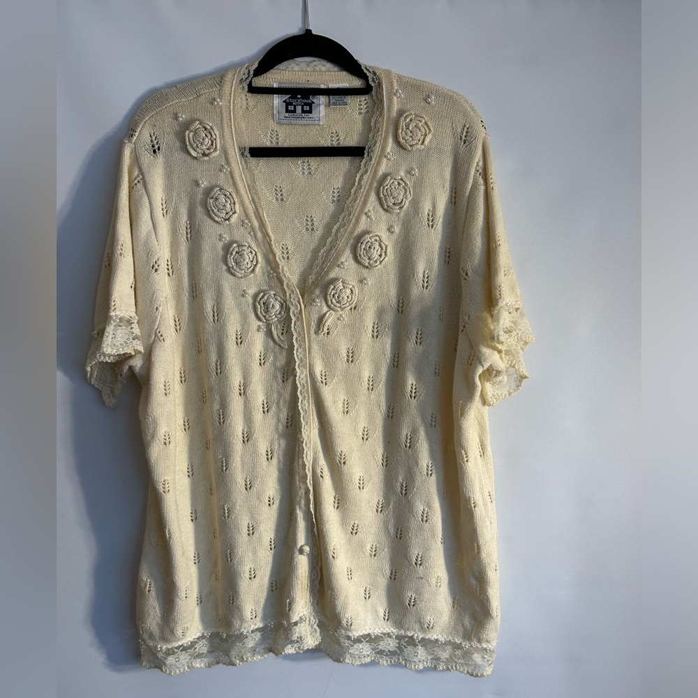 STORYBOOK KNITS HOME SHOPPING NET WORK RAMIE/COTTON CREAM EMBELLISHED CARDIGAN